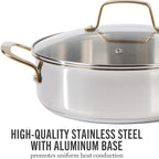 Martha Stewart Castelle 10 Piece 18/8 Durable Stainless Steel Induction Safe Pots and Pans Non-Toxic Kitchen Cookware Set - Gold Handles - Dishwasher Safe