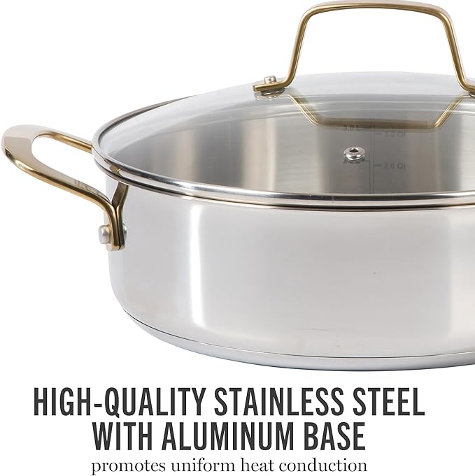 Martha Stewart Castelle 10 Piece 18/8 Durable Stainless Steel Induction Safe Pots and Pans Non-Toxic Kitchen Cookware Set - Gold Handles - Dishwasher Safe