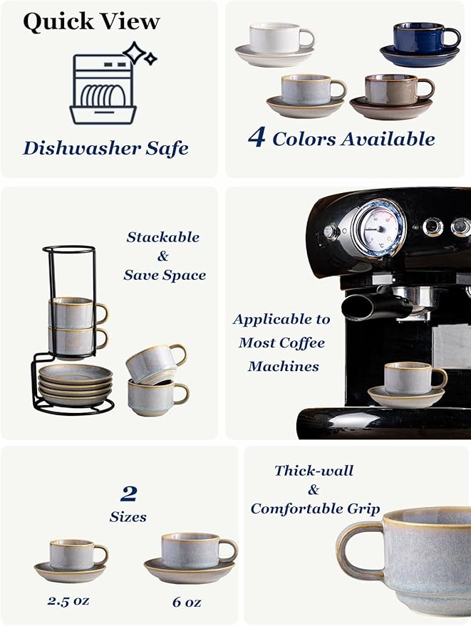 Gomakren 2.5 Ounce Espresso Cups Set of 4, Small Stackable Coffee Cups with Saucers and Metal Stand, Halloween Porcelain Demitasse Cups for Specialty Coffee Drinks, Espresso, Cappuccino, Latte, Gray