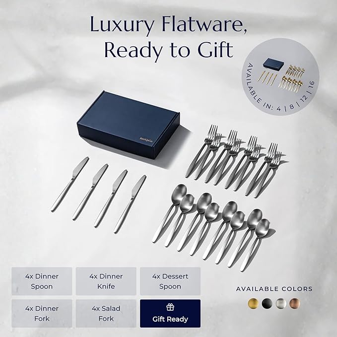 JazzUpCo Tia Flatware non toxic 18/10 stainless steel dishwasher safe (Matte Silver, 12 Person Set (60 Pieces))