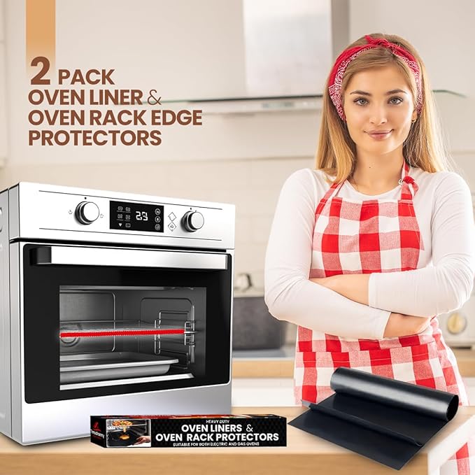 Oven Liners for Bottom of Oven Black (2-pack) Bundled with Rack Shield (2-pack) - Large Mat for Bottom of Stove (17"x 25") and 22" Red Range Guards for Racks - Reusable & Heat Resistant