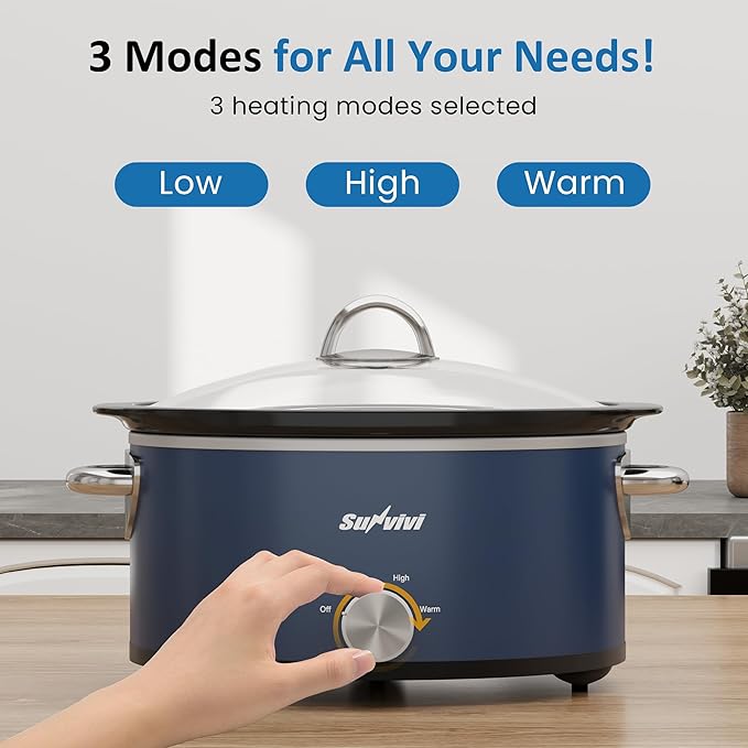 3QT Slow Cooker, Small Crock with 3 Heating Settings & Removable Ceramic Pot, Mini Food Warmer with Dishwasher Safe Glass Lid & Crock, Stainless Steel, Blue