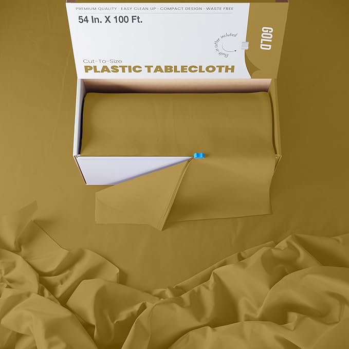 Exquisite Party Solids 54 Inch X 100 Feet Gold Plastic Table Cover Roll in A Cut - to - Size Box with Convenient Slide Cutter. Cuts Up to 12 Rectangle 8 Feet Plastic Disposable Tablecloths
