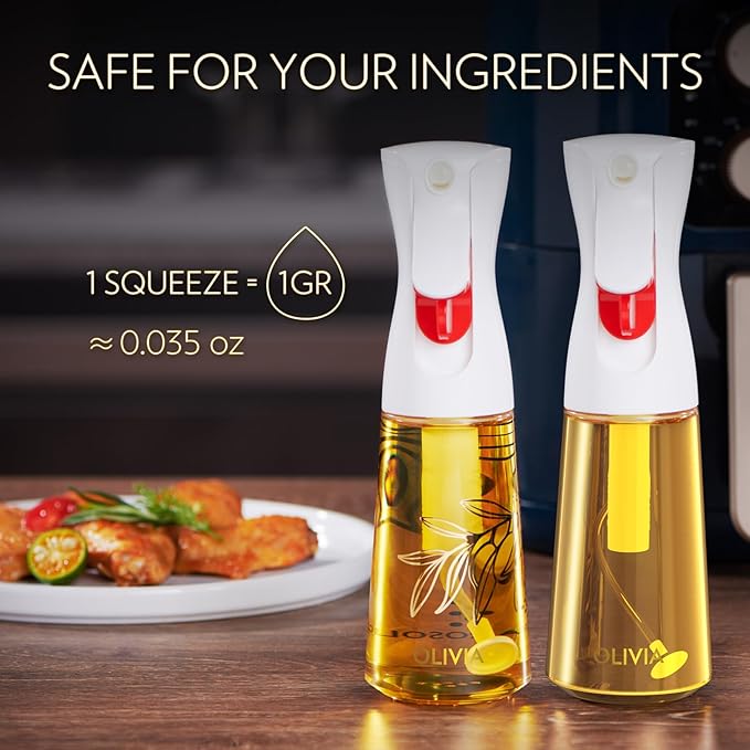 FLAIROSOL OLIVIA Oil Sprayer for Cooking, 2 Pack 200ML Glass Olive Oil Sprayer, Continuous Cooking Spray Dispenser with Portion Control for Kitchen Air Fryer, Salad, BBQ, White