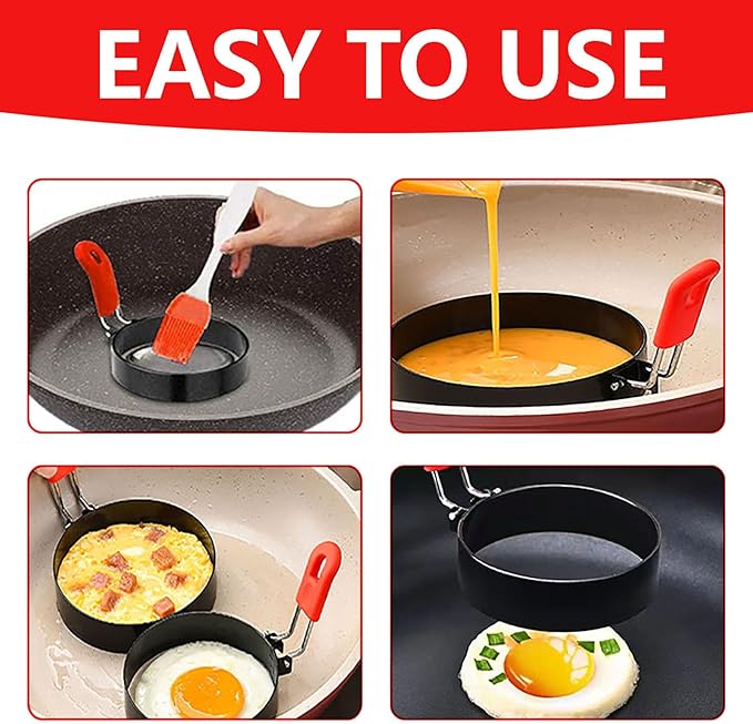 Stainless Steel Pancake Omelet Egg Ring Set, 4/6/8 Inch Round Egg Cooker Rings, Non-Stick, Foldable Handle, Dishwasher Safe