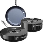 Nuwave Essential Series 5PC Ceramic Cookware Set PFAS-Free, G11 Duralon Blue Coating, Pots and Pans Set Non Stick, Diamond Scratch-Resistant,Stay-Cool Handle, Metal Lid,Induction Ready,Dishwasher Safe
