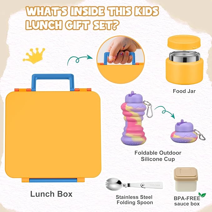 Bento Lunch Box for Kids with 9oz Soup Thermo, Leakproof Lunch Food Containers with 4 Compartment, Kids Thermo Hot Food Jar for School Travel