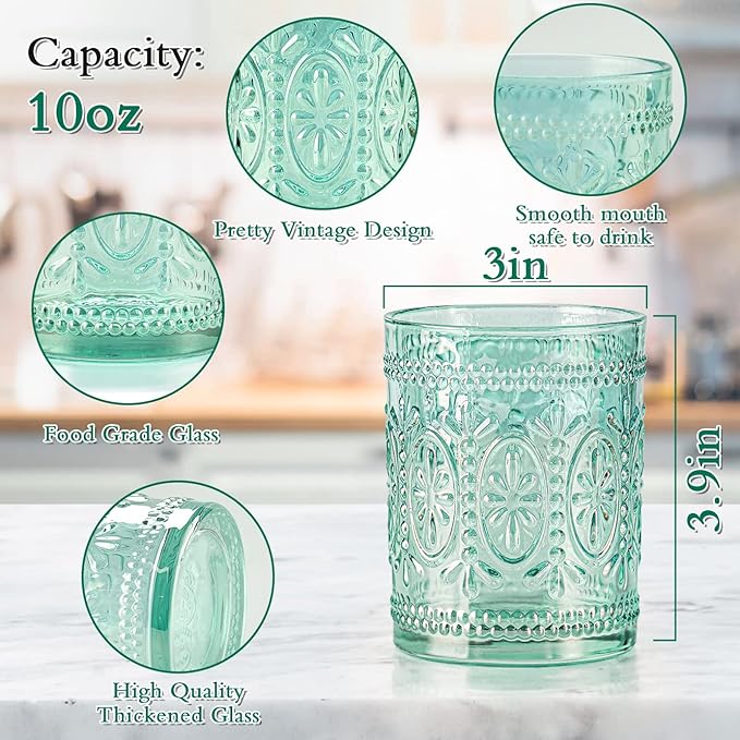 Glassware set of 4, Vintage Drinking Glasses, 10oz Heavy Duty Glass Cups, Colored Glassware Set, Embossed Glasses Set for Party Wedding Home Office Glassesware Gift