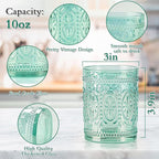 Glassware set of 4, Vintage Drinking Glasses, 10oz Heavy Duty Glass Cups, Colored Glassware Set, Embossed Glasses Set for Party Wedding Home Office Glassesware Gift
