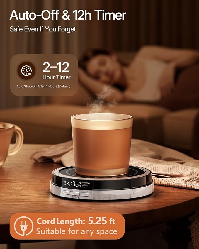 Coffee Mug Warmer for Desk, 50W Fast Heating Cup Warmer with Smart Display, 4 Temps & 12H Timer, Auto Shut Off for Tea, Milk, Hot Drinks - Marble Effect