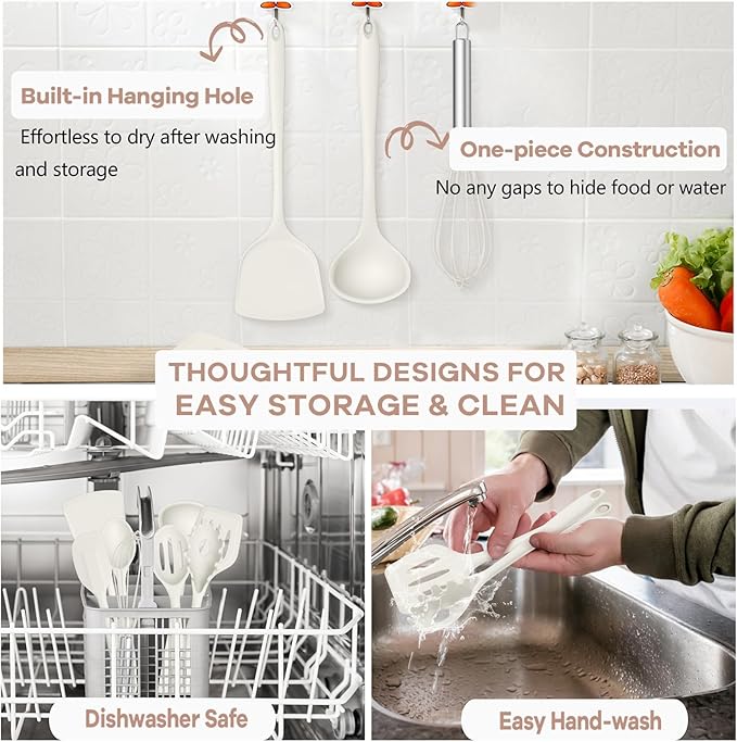 TeamFar Kitchen Cooking Utensils, 10 pcs Silicone Cooking Utensils Set, 446°F Heat Resistant Kitchen Gadgets Tools Set w/Spatula, Turners, Spoons, Soup Ladle, Pasta Server for Nonstick Cookware, White