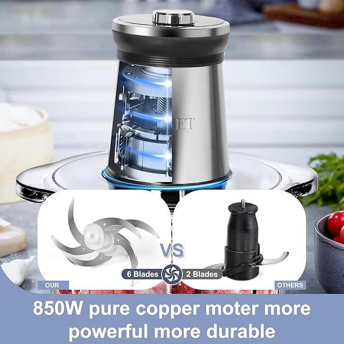 Electric Meat Grinder 850W Food Chopper Food processor with LED timer one 16cup thick glass bowl, 2 sets three-layers 6 blades cutter