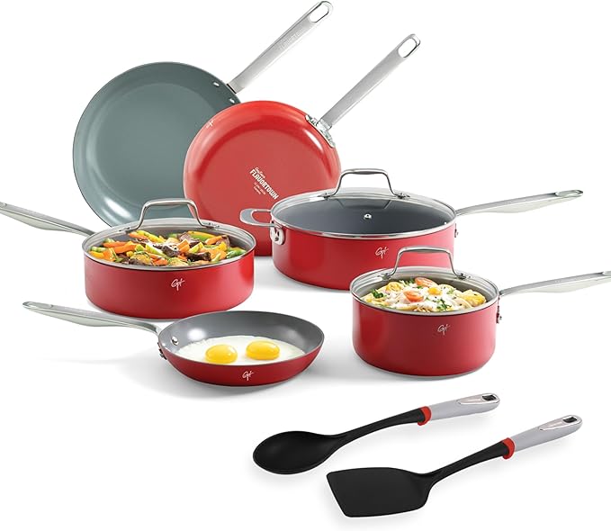 Guy Fieri's Flavortown 11-Piece Ceramic Cookware Set, Nonstick Pots and Pans for Cooking, Made without PFAS PTFE PFOA, Oven Safe, Dishwasher Safe, Easy to Clean Everyday Cookware, Red