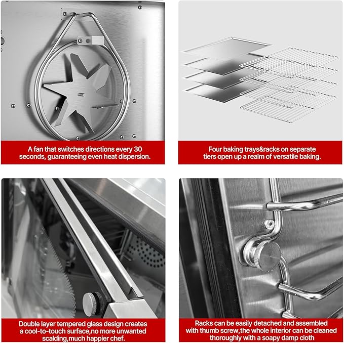 CROSSON 68L Half-Size Convection Oven,4-Tier Commercial Toaster oven w/Front Glass Door,4 set of Trays&Wire Racks,60 Minutes Timer and Interior Light, 120V/1800W Countertop Conventional Oven