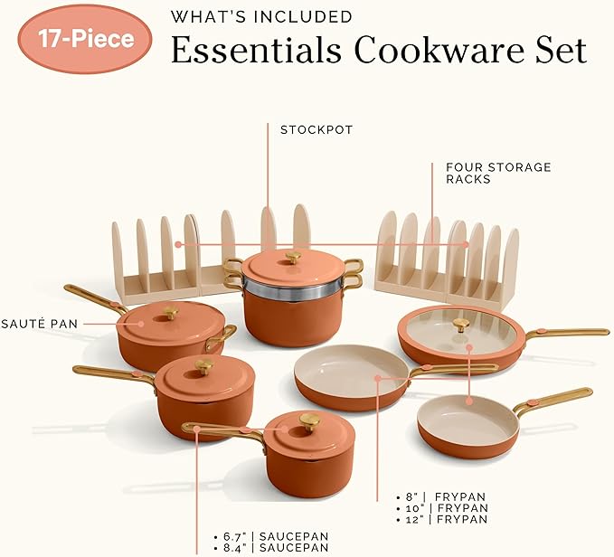 Our Place 17-Piece Essentials Complete Cookware Set - Ceramic Fry Pans, Saucepans, Sauté Pan, Stock Pot, Strainer Basket & Modular Storage | Thermakind™ Nonstick, Oven Safe up to 450°F | Terracotta