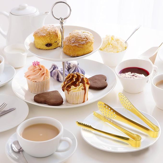 JCREN 12 Pack Mini Tongs - Small Stainless Steel Food Tongs for Serving Appetizers, Tea Party, Coffee, Desserts - 5 inch - Gold