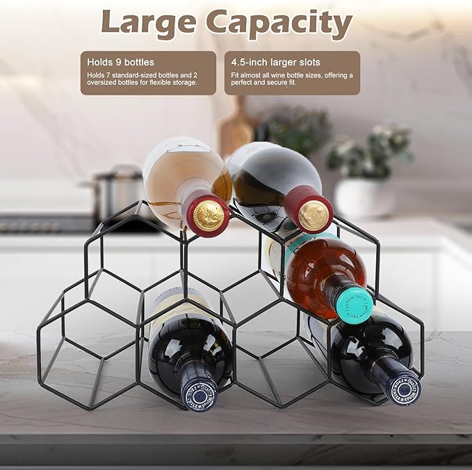Black Wine Racks Countertop 9 Bottle,Geometric Stainless Steel Wine Bottle Holder,Compact Small Wine Rack for Cabinet Pantry Bar Table No Assembly Required