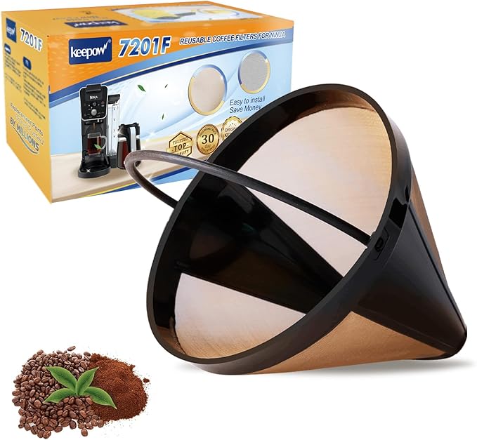 KEEPOW Reusable Cone Coffee Filters #4 (1-pack), 8-12 Cup Gold Permanent Coffee Filter for Cuisinart/Ninja Dual Brew Pro CFP301/ Hamilton Beach, Size 04 Pour Over Coffee-maker (gold*1)