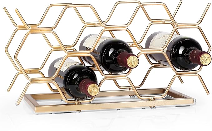 Countertop Wine Rack - 10 Bottle Freestanding Modern Gold Metal Small Wine Rack - Tabletop Wine Holder Stand for Cabinet, Pantry, Wine Bottle Storage……