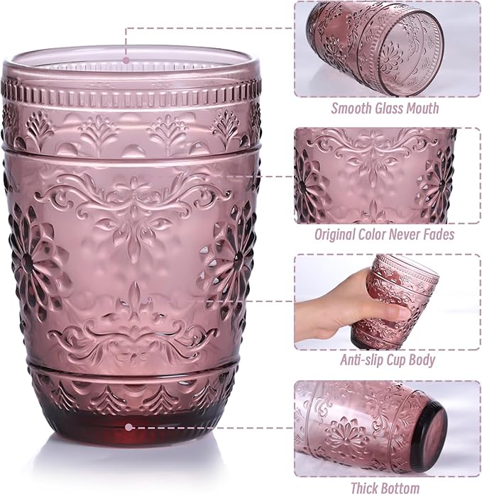 14OZ Drinking Glasses Set of 4, Purple Drinking Glasses, Colored Glassware Drinking, Highball Beverage Glasses Cup, Vintage Glassware Set for Water, Juice, Cocktail, Coffee