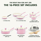 GreenPan Rio Healthy Ceramic Nonstick 16 Piece Cookware Pots and Pans Set, PFAS-Free, Dishwasher Safe, Pink