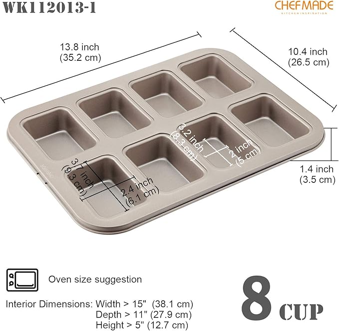 CHEFMADE Brownie Cake Pan, 8-Cavity Non-Stick Rectangle Muffin Pan Blondie Bakeware for Oven Baking (Champagne Gold)