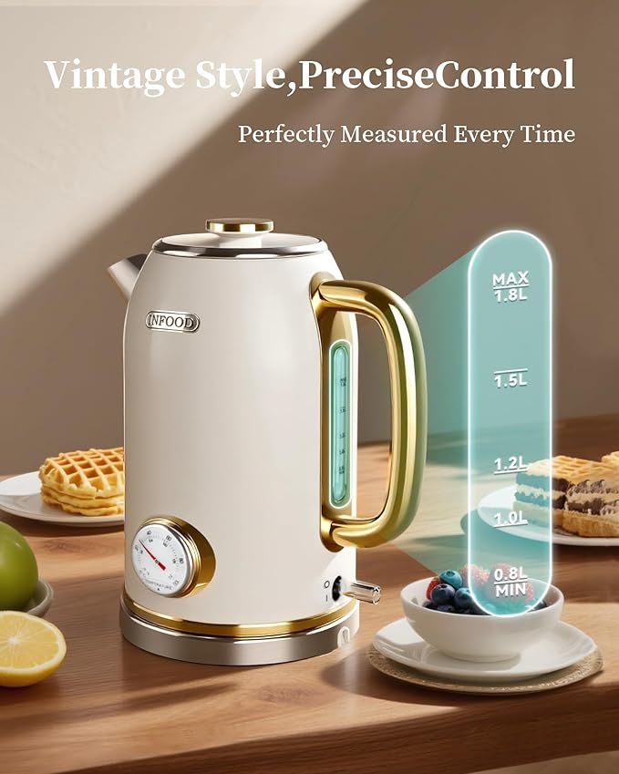 Retro Electric Kettle 1.8L/60.8oz with Thermometer - 1200W Fast Boiling Stainless Steel Tea Kettle with Water Level, BPA-Free, Auto Shut-Off, Boil-Dry Protection, Pearl White