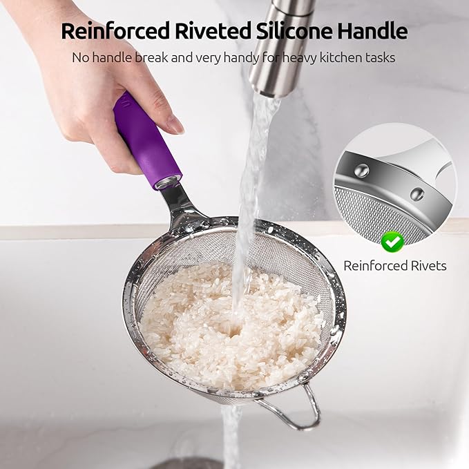 U-Taste Medium Fine Mesh Strainer: 18/8 Stainless Steel 4.73in 30 Mesh Kitchen Food Sieve with Sturdy Riveted Silicone Handle, Heavy Duty Deep Handheld Metal Colander for Rice, Quinoa, Flour (Purple)