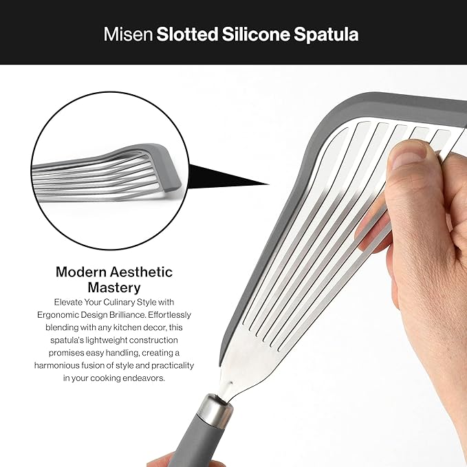Misen Fish Silicone Spatula - Slotted Turner for Cooking - Perfect for Frying - Heat Resistant - Dishwasher Safe -1mm Thick Flexible Flipper - Soft Silicone Grip Handle for Easy Use