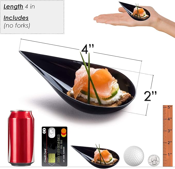 DLux 100 4-in Tear Drop Mini Appetizer Plates, Reusable Black Plastic Spoons - Desserts and Appetizers Dishes Serving Plate - Asian Spoon Set, Small Catering Dessert Tasting Cups - with Recipe Ebook