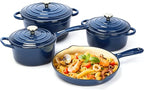 Ceramic Coated Cast Iron Cookware Set, 9-Piece Enameled Dutch Oven and Skillet Set with Lids, Nonstick Pots and Pans Set for Bread Baking, Oven Safe, Induction Compatible, PFAS-Free (Navy Blue)