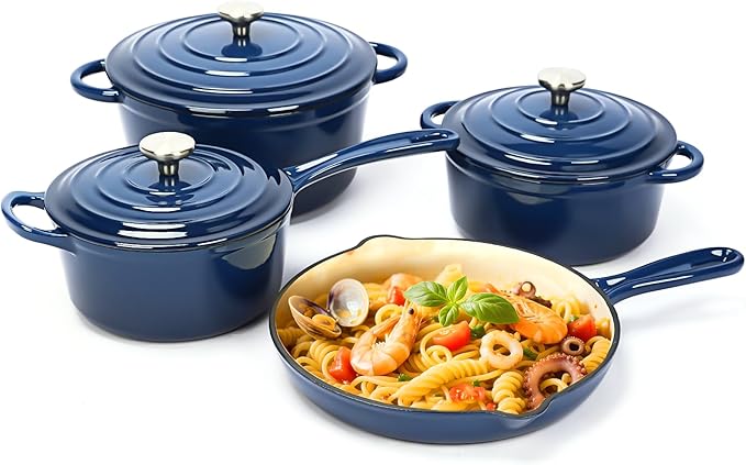 Ceramic Coated Cast Iron Cookware Set, 9-Piece Enameled Dutch Oven and Skillet Set with Lids, Nonstick Pots and Pans Set for Bread Baking, Oven Safe, Induction Compatible, PFAS-Free (Navy Blue)