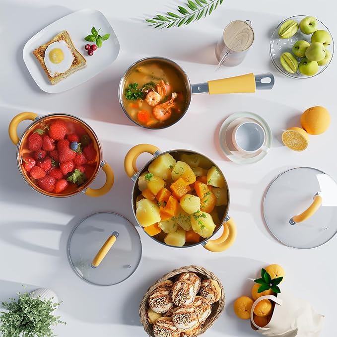 18/8 Stainless Steel Cookware Set, 7 PCS Pots and Pans Set, 4 3 2 QT Pot Pan with Lid and Steamer, Compatible with All Stovetops, Dishwasher Safe