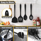 P&P CHEF Kitchen Utensil Set, 4 Pieces Non-stick Silicone Cooking Utensils, Heat-resistant Slotted Solid Spoon Turner for Frying, Mixing, Serving, Non-toxic & Easy to Clean, Black