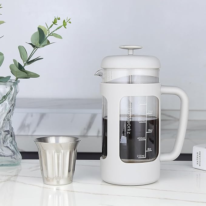 Easyworkz French Press 34 oz Coffee Tea Maker with Borosilicate Glass,Soft Grip Handle,Light Grey