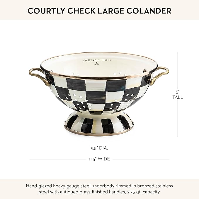 MACKENZIE-CHILDS Enamel Colander, Decorative Kitchen Strainer, Large, Black-and-White Courtly Check