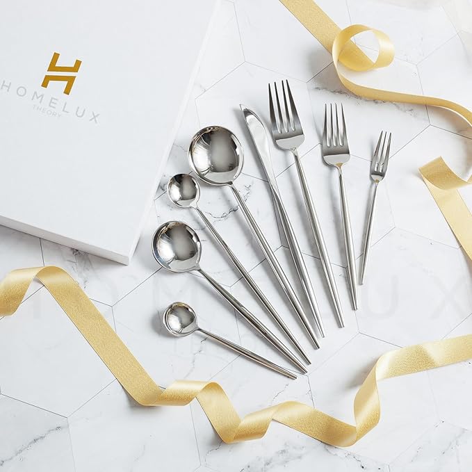 Homelux Theory 18/10 Stainless Steel Silverware Set, 2 Cutlery Set of 5pc Heavy Duty Spoons & Forks Set, Stainless Steel Kitchen Utensils, Adaline Royal Modern Utensils & Contemporary Flatware Set