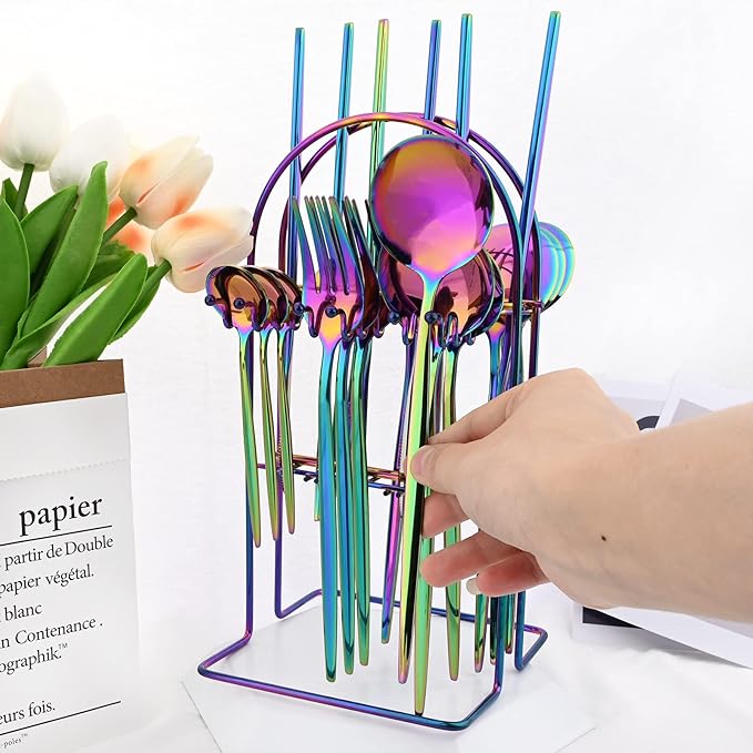 24-Piece Mirror Rainbow Cutlery Set, Snplowum Stainless Steel Flatware Hanging Tableware Silverware Set Include Knife/Fork/Spoon/Teaspoon and Storage Rack For Daily Use, Service For 6