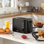 Compact Toaster 2 Slice with 1.5" Extra Wide Slots, Built-in Warming Rack & Removable Crumb Tray, 6 Browning Options, with Defrost/Bagel/Cancel Function - Matte Black