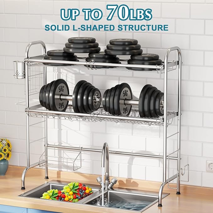 HOWDIA Stainless Steel 2-Tier Over The Sink Dish Drying Rack with Utensil Holder, Large, for Kitchen Counter