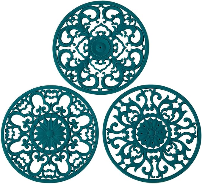 Extra Thick Silicone Trivet Mat for Hot Dishes, Hot Pots and Pans, Pot Holder, Hot Pad to Portect Your Table and Countertop, Kitchen Decor and Accessories,Teal, Set of 3