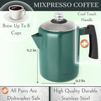 Mixpresso Green Stainless Steel Coffee Percolator Stovetop, 37oz Classic Percolator Coffee Pot, Great For Camping Pot, 5-8 Cup Stove Top Espresso Maker, Cool-Touch Handle