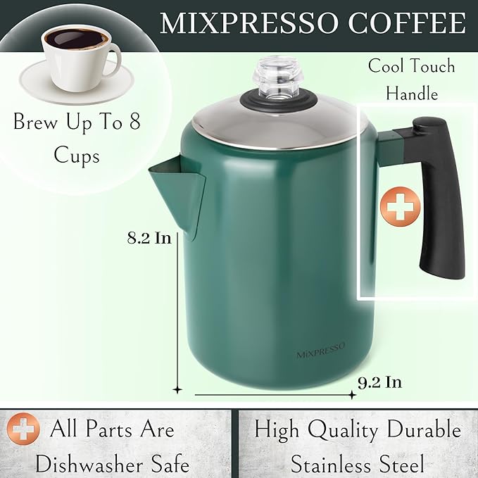 Mixpresso Green Stainless Steel Coffee Percolator Stovetop, 37oz Classic Percolator Coffee Pot, Great For Camping Pot, 5-8 Cup Stove Top Espresso Maker, Cool-Touch Handle