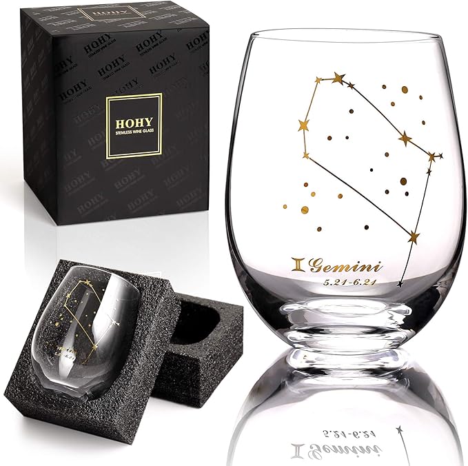 HOHY Gemini Stemless Wine Glass - 20 Oz, Constellation Design, Astrology Zodiac Gift for June Birthday Women