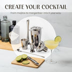 Modern Mixology 21-Piece Cocktail Shaker Set with Stand, Bartender Kit for Home Bar Accessories: 24oz Martini Shaker, Jigger, Strainer, Bar Spoon, Tongs, Opener, Muddler (Silver, Brown Stand)