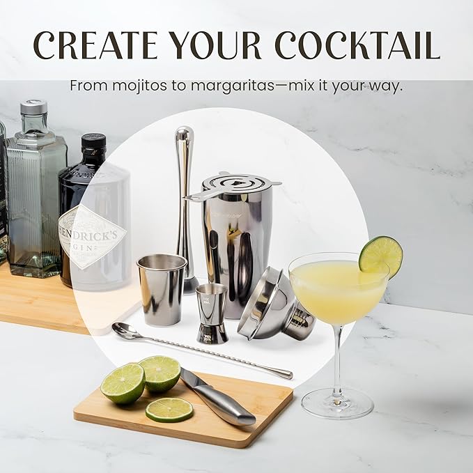 Modern Mixology 21-Piece Cocktail Shaker Set with Stand, Bartender Kit for Home Bar Accessories: 24oz Martini Shaker, Jigger, Strainer, Bar Spoon, Tongs, Opener, Muddler (Silver, Brown Stand)
