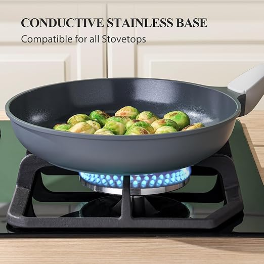 Nonstick Ceramic Frying Pan, 8/10/12 Inch Non Toxic Skillet, Egg & Omelet & Chef's Pan, Induction Compatible & Oven Safe, Dishwasher Safe,PTFE PFAS & PFOA Free (8-Inch, Gray)
