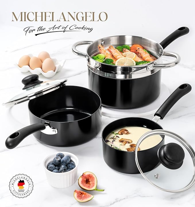 MICHELANGELO Nonstick Saucepan with Lid, Ceramic Sauce Pan Sets with Steamer, Easy to Clean Sauce Pans, Multi-Purpose Cooking Pots, 1QT & 2QT & 3QT, with Steamer, Black