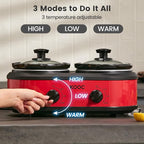 KOOC Double Small Slow Cooker, Buffet Server and Warmer, 2 Mini Pots with 3 Individual Adjustable Temp, Dual Ceramic Pots, Free Liners for Easy Clean-up, Stainless Steel, Total 2.5 Quart, Red, Round