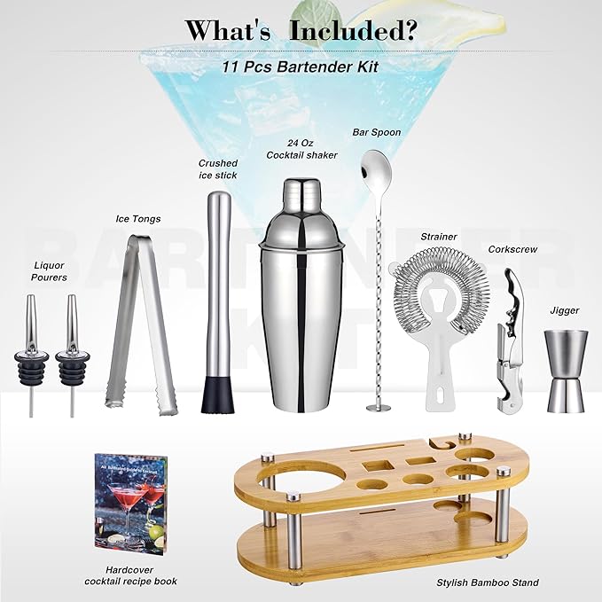Cocktail Shaker Set Bartender Kit - 11 Pcs Bar Tool Set with Bamboo Stand & All Bar Accessories: Martini Shaker, Strainer,Jigger, Muddler, Mixer Spoon Barware Kit, for Bar, Home Lounge & Party